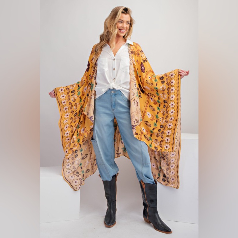 EASEL Mustard Floral Kimono Duster